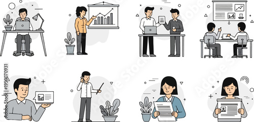 Diverse individuals collaborate and present information in modern office settings