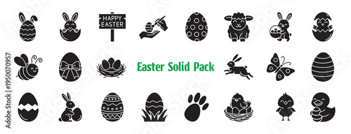Collection of 22 solid Easter icons including bunnies, chicks, decorated eggs, sheep, and spring elements. Minimalist black silhouettes in a clean glyph style on white background.