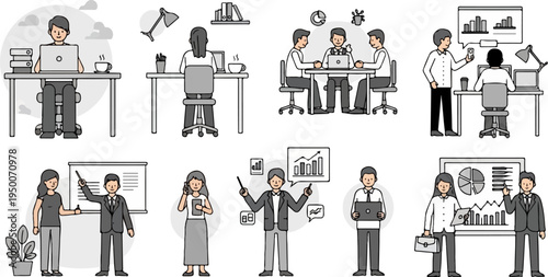 Diverse business people collaborate and present data in office settings