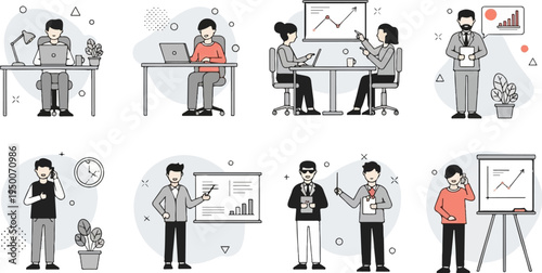 Diverse business people collaborating and presenting in modern office settings (2)