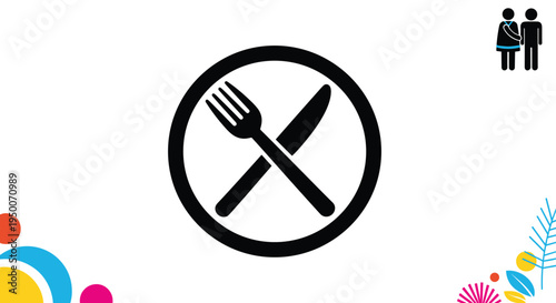 Minimalist vector icon of a crossed fork and knife inside a circular frame representing dining, restaurant, or meal time services.