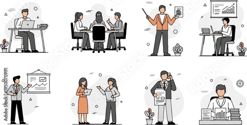 Diverse individuals in business settings, collaborating, presenting, and working