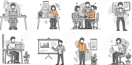 Diverse individuals engaged in office tasks, including laptop work, meetings, and presentations