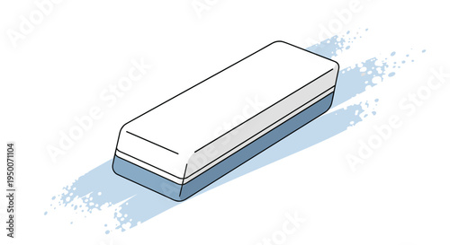 Rectangular dual-layered eraser in white and blue colors shown in an isometric view over a light blue textured brush stroke.