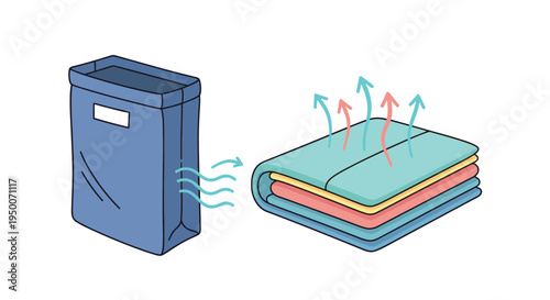 Conceptual illustration showing a blue storage bag and folded colorful blankets with arrows indicating airflow or freshness.