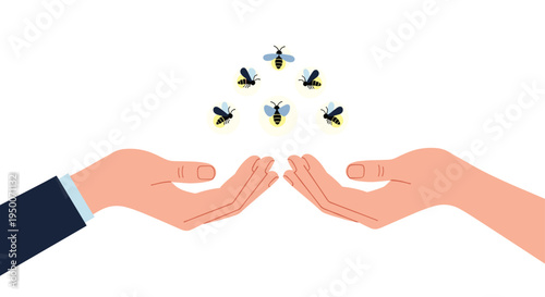 Pair of human hands cupped together to protect a group of glowing fireflies hovering just above the palms in a gentle gesture.