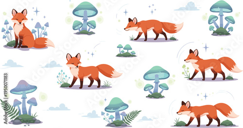 Cute cartoon fox characters walking and sitting in magical forest with mushrooms and plants, adorable woodland animal illustration set for kids nursery vector design