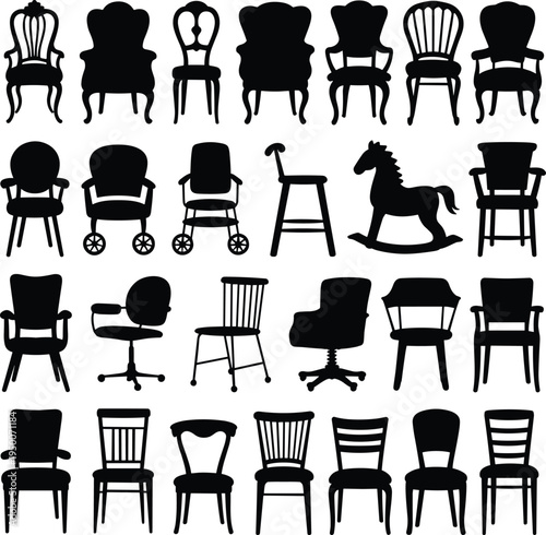 Chair silhouette collection, furniture design variety, modern minimalist chairs, classical ornate seating, rocking horse silhouette, office chair silhouettes, interior decor inspiration