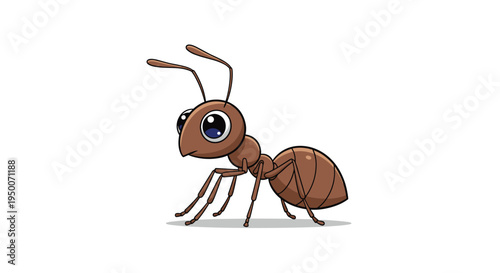 Friendly brown ant cartoon character with large expressive eyes standing alert on a plain white background for kids.