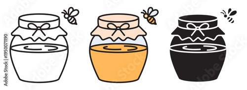 Honey jar icon set: linear editable stroke, color fill, and solid silhouette. Organic nectar with bee, spring Easter theme. Flat vector illustration, clean outline and bold graphics.