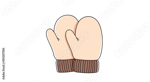 Pair of soft beige winter mittens with brown ribbed cuffs shown in a simple vector illustration style for cold weather themes.