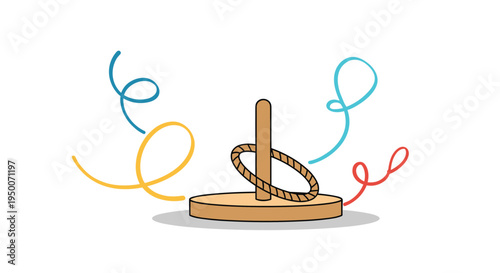 Traditional wooden ring toss game with a rope ring circling the central peg and colorful streamers in the background.