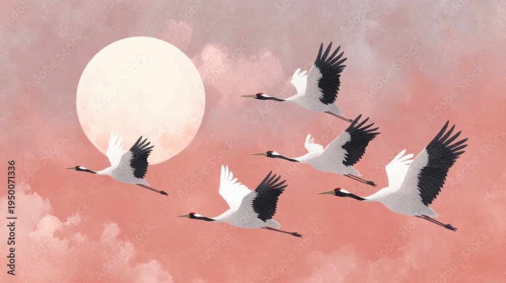 Fototapeta premium Cranes fly across the sky at dusk