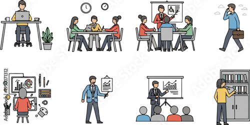 Diverse office scenarios depicting meetings, individual work, and presentations
