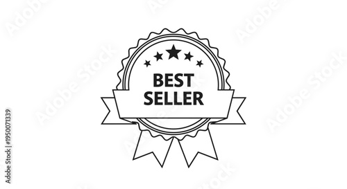Circular black and white stamp or seal with a ribbon and stars proudly displaying the text best seller in the center.