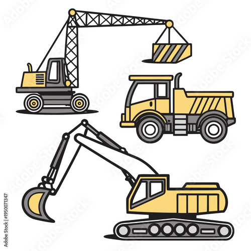 Construction vehicle icons: crane, excavator, and dump truck vector set, ideal for industry, transport, or building projects, construction vehicles, vector illustration