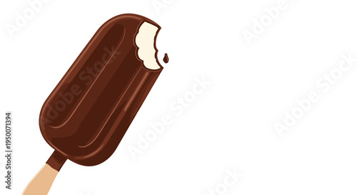 Delicious dark chocolate coated ice cream bar on a wooden stick with a large bite taken out of the top revealing vanilla inside.