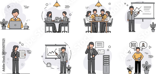 Diverse office scenes showing teamwork, presentations, calls, and individual work