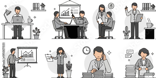 Diverse office scenes depict business professionals in various work-related activities