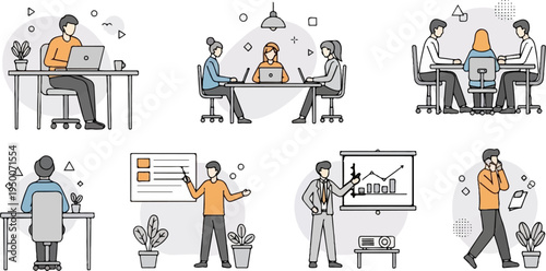 Diverse office scenes individuals working, meetings, presentations, calls