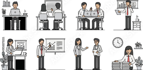 Diverse office scenarios showing business people collaborating and working