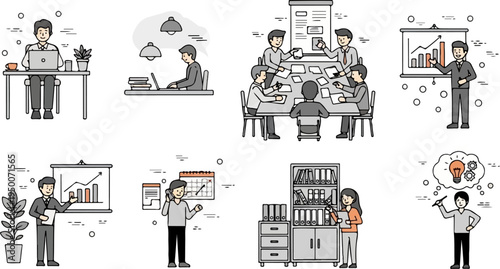 Diverse business scenes individuals and groups in meetings, presentations, and office work