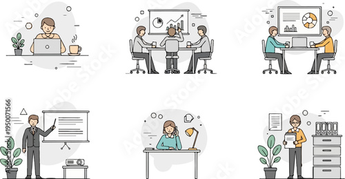 Diverse business scenarios with people working, presenting, and collaborating