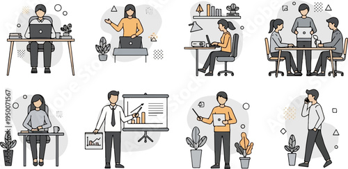 Diverse office scenes featuring individuals engaged in work activities