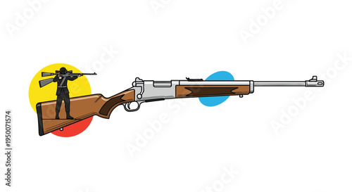 Large wooden and silver hunting rifle with a tiny soldier figure standing on the stock and aiming a smaller gun in the background.