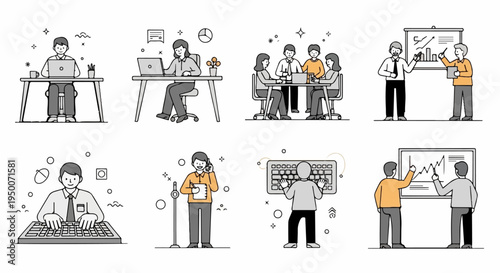 Diverse business team interactions, from individual work to group meetings and presentations