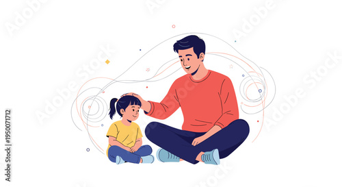 Father sitting and gently patting his young daughter on the head as a gesture of affection and family bonding illustration.