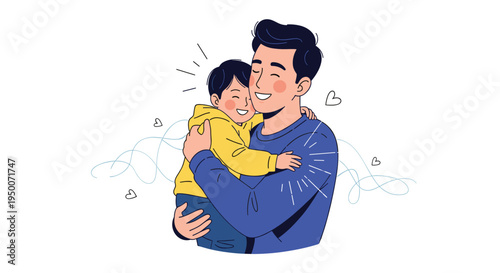 Happy father hugging his young son in a warm embrace representing love and parenthood on a clean white background.