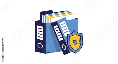 Blue office binders with a yellow shield security icon representing data protection and secure document storage systems.