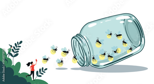 Fireflies flying out of an open glass jar in a garden setting with people for summer night and childhood wonder themes.