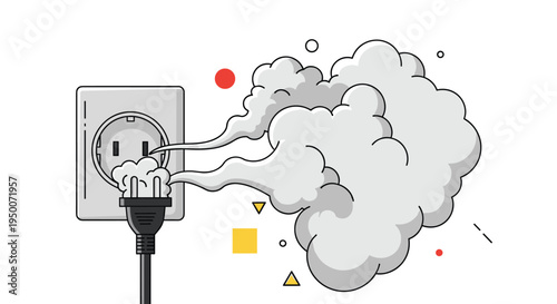 Electrical wall outlet and plug with thick grey smoke coming out due to a short circuit or fire hazard emergency.