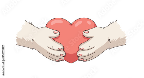Two white furry animal hands holding a soft red heart as a symbol of love and compassion on a clean white background.