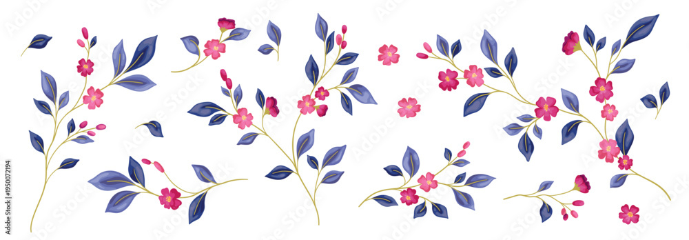 Fototapeta premium Botanical elements set, floral collection with elegant watercolor plants. Isolated hand-drawn twigs with small red flowers, thin stems, and tiny blue leaves. Vector illustration.