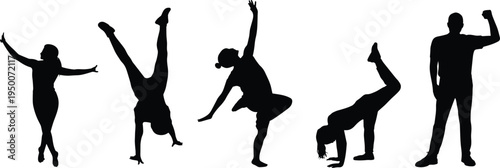 dynamic dancer silhouette acrobatic poses handstand bridge backbend dance performance man woman group black vector illustration figures people black silhouette