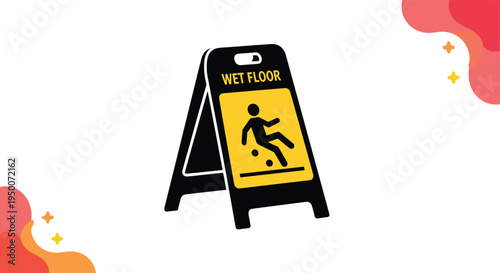 Yellow wet floor warning sign stands on a white background decorated with red abstract fluid shapes to alert about slippery surfaces.