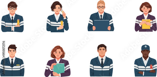 Diverse professional individuals in similar uniforms, holding various items