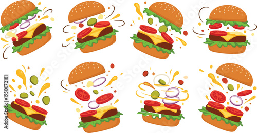 Delicious cartoon burger with flying ingredients like lettuce, tomato, onion and cheese, tasty fast food hamburger vector illustration set for restaurant menu design
