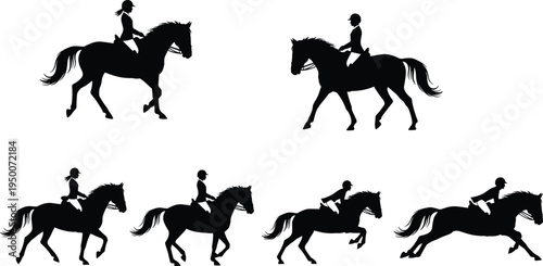 Equestrian rider silhouettes, horse riding figures, jumping cantering trotting poses, helmeted riders silhouettes, equestrian sport inspiration, black silhouettes collection