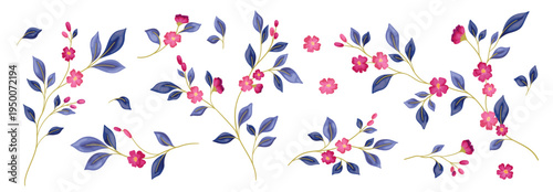 Botanical elements set, floral collection with elegant watercolor plants. Isolated hand-drawn twigs with small red flowers, thin stems, and tiny blue leaves. Vector illustration.