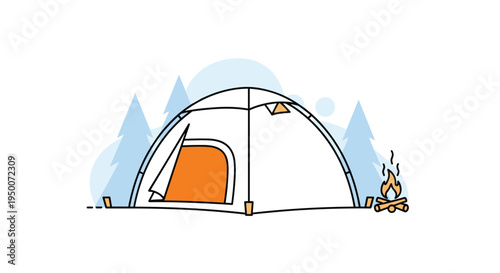 White camping tent with an orange door is set up near a warm campfire and forest tree silhouettes under a clear blue sky.