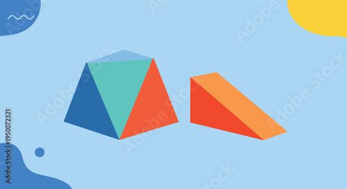 Collection of colorful abstract 3D geometric shapes including a pyramid and wedge is arranged on a light blue background.