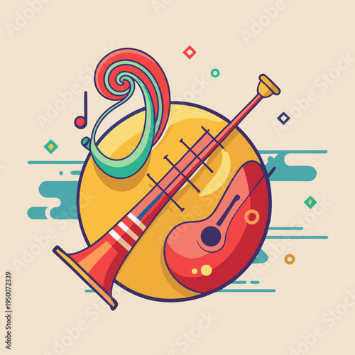 Traditional Wind Instrument and Guitar Melody Illustration