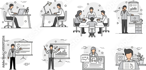 Diverse business scenarios depicted with minimalist line art