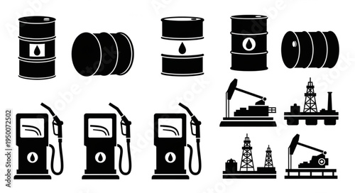 Oil Industry Icons - Barrels, Pumps, and Rigs in Black and White.
