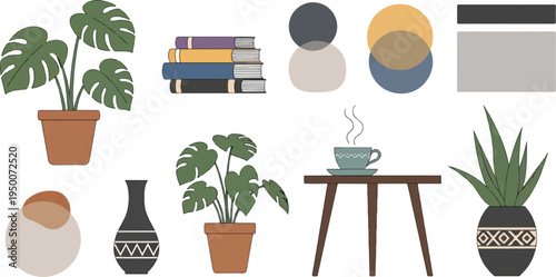 Cozy home interior with plants, books, coffee, and abstract shapes
