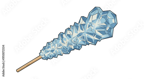 Blue rock candy crystal on a wooden stick displays many sharp facets and structures in a detailed and colorful illustration.